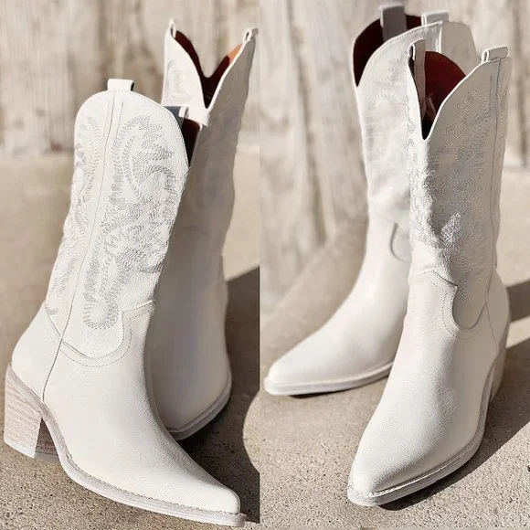 NEW White Cowboy Western Embroidered Stitch Pointy Toe Block Heel Mid Calf Boots - Picture 3 of 13